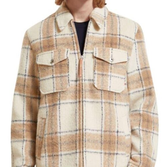 NEW SCOTCH & SODA Wool Blend Zip Thru Check Overshirt white/camel for men 864tn - Picture 7 of 9